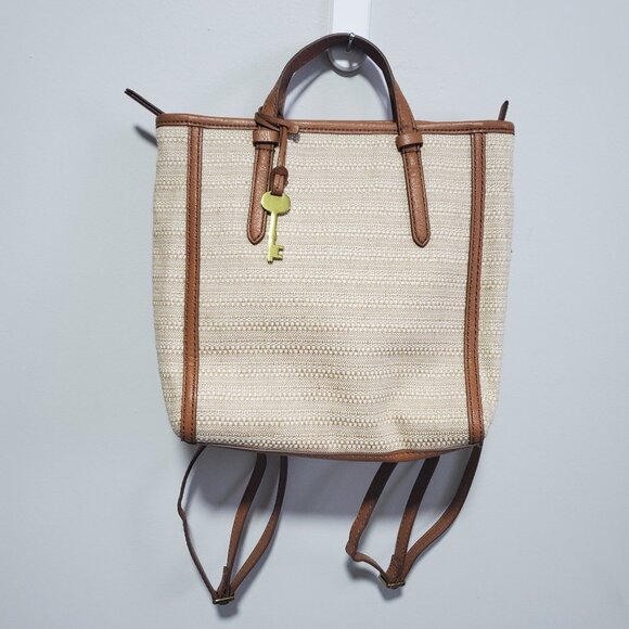 FOSSIL Camilla Convertible Backpack Raffia Rattan Flax Weave Vegan Cream Brown - Picture 2 of 16